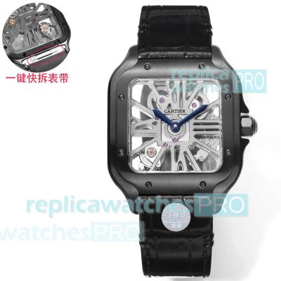 THB Factory Swiss Copy Cartier Santos de Cartier All Black Skeleton 39.8mm Leather Strap Watch 